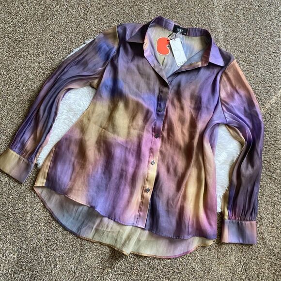 Cider Multicolor Button Down Top Long Sleeves Shiny Lightweight Womens Size 1X - Picture 1 of 6